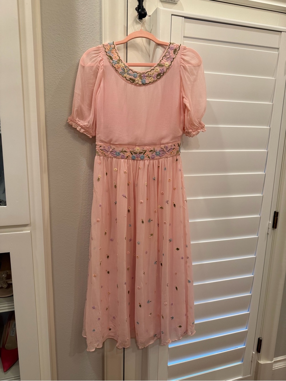 LoveShackFancy silk chiffon midi embroidered baby pink dress. Size S. Like new - Picture 5 of 8